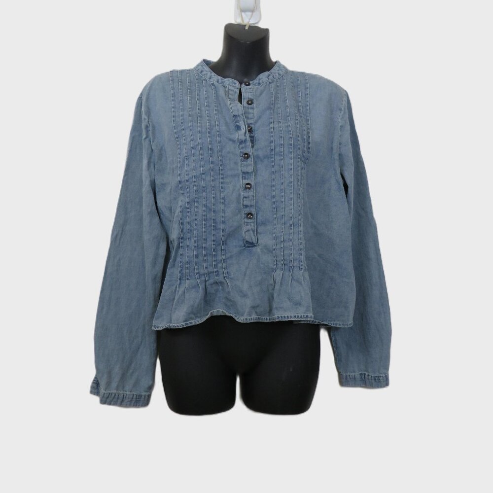 Natural Life size Small Chambray Long Sleeve Top Blue Pintuck Popover Peplum